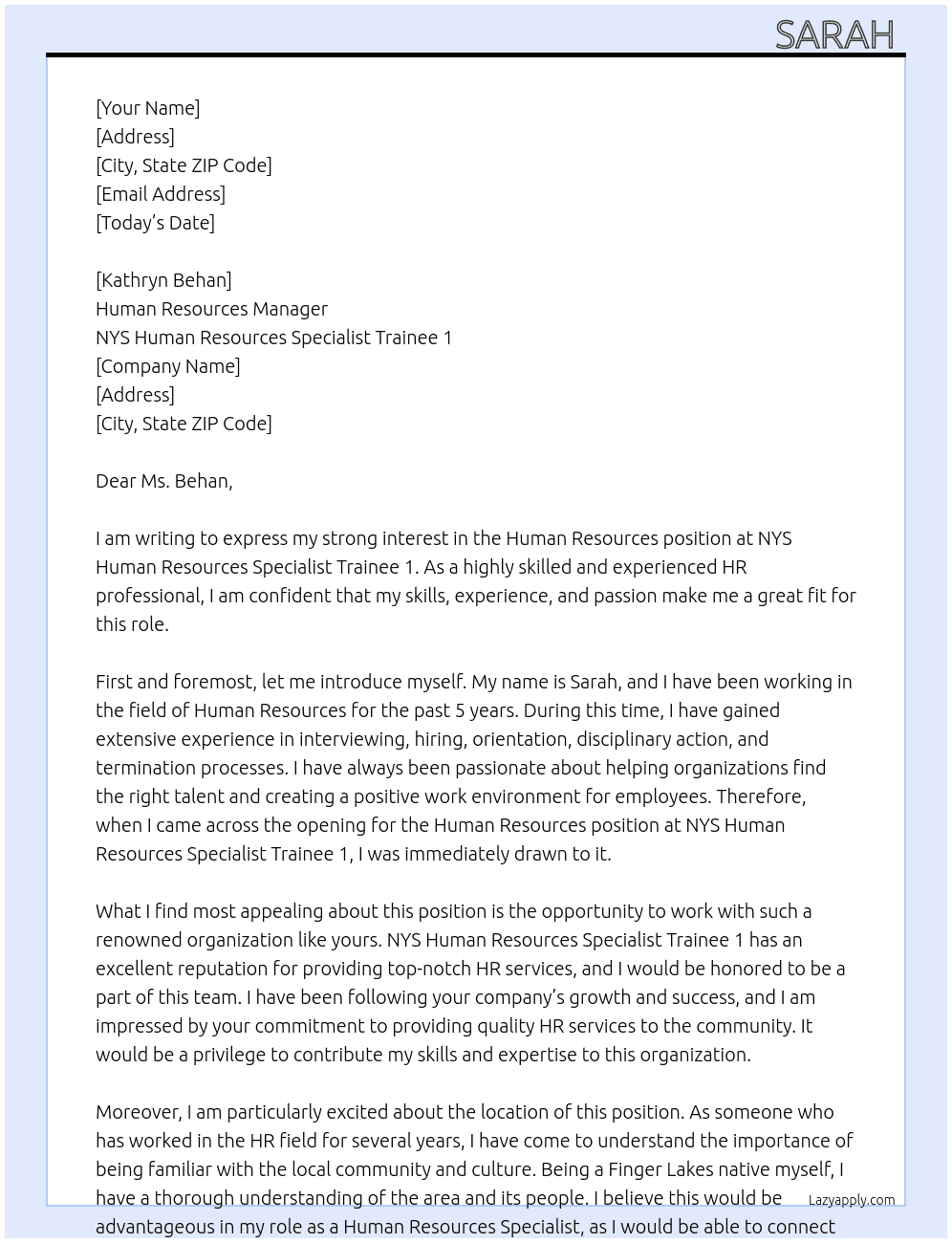 Human resources  At NYS human resources specialist trainee 1 Cover Letter