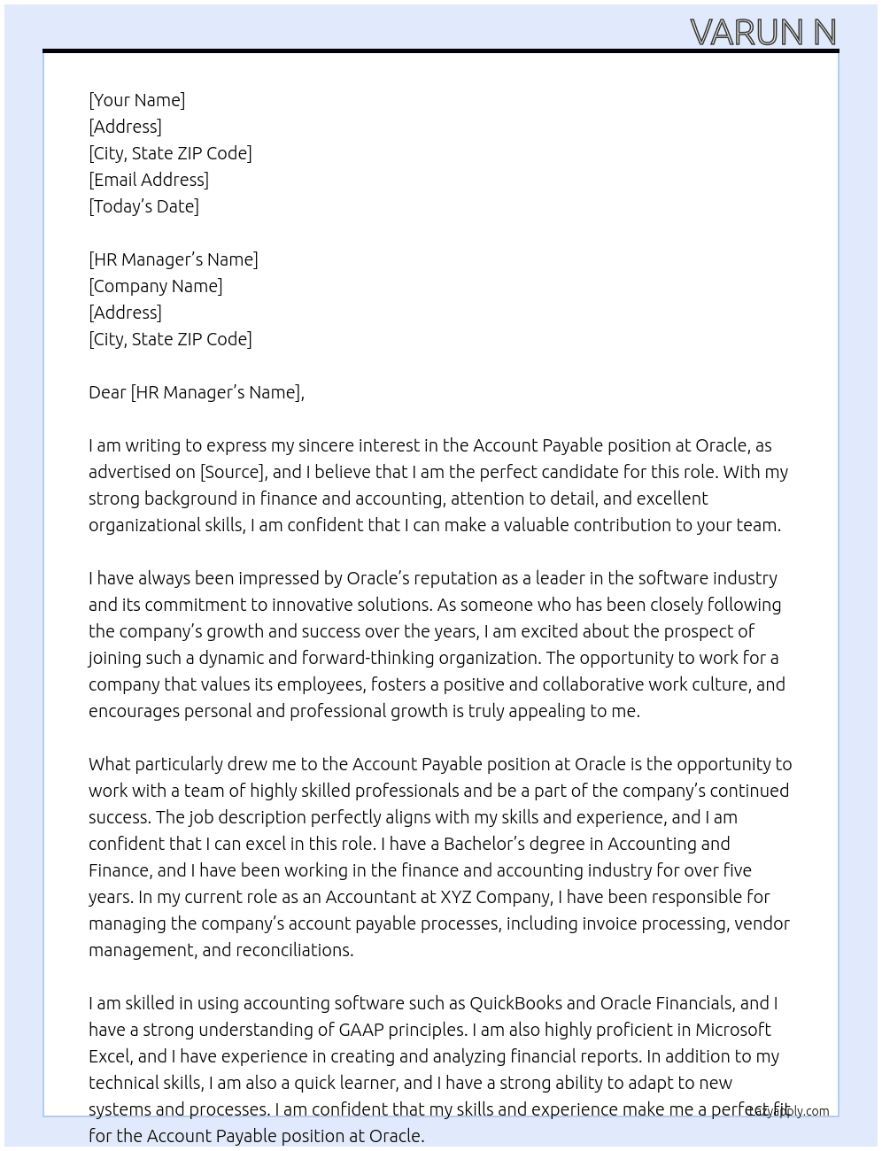 Account Payable  At Oracle Cover Letter