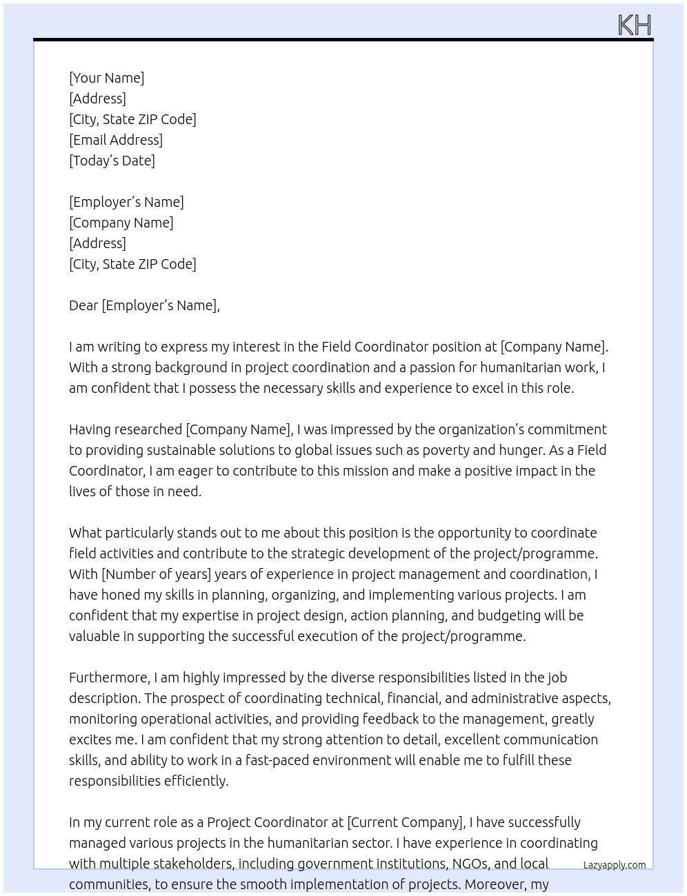 Field coordinator At WHH Cover Letter