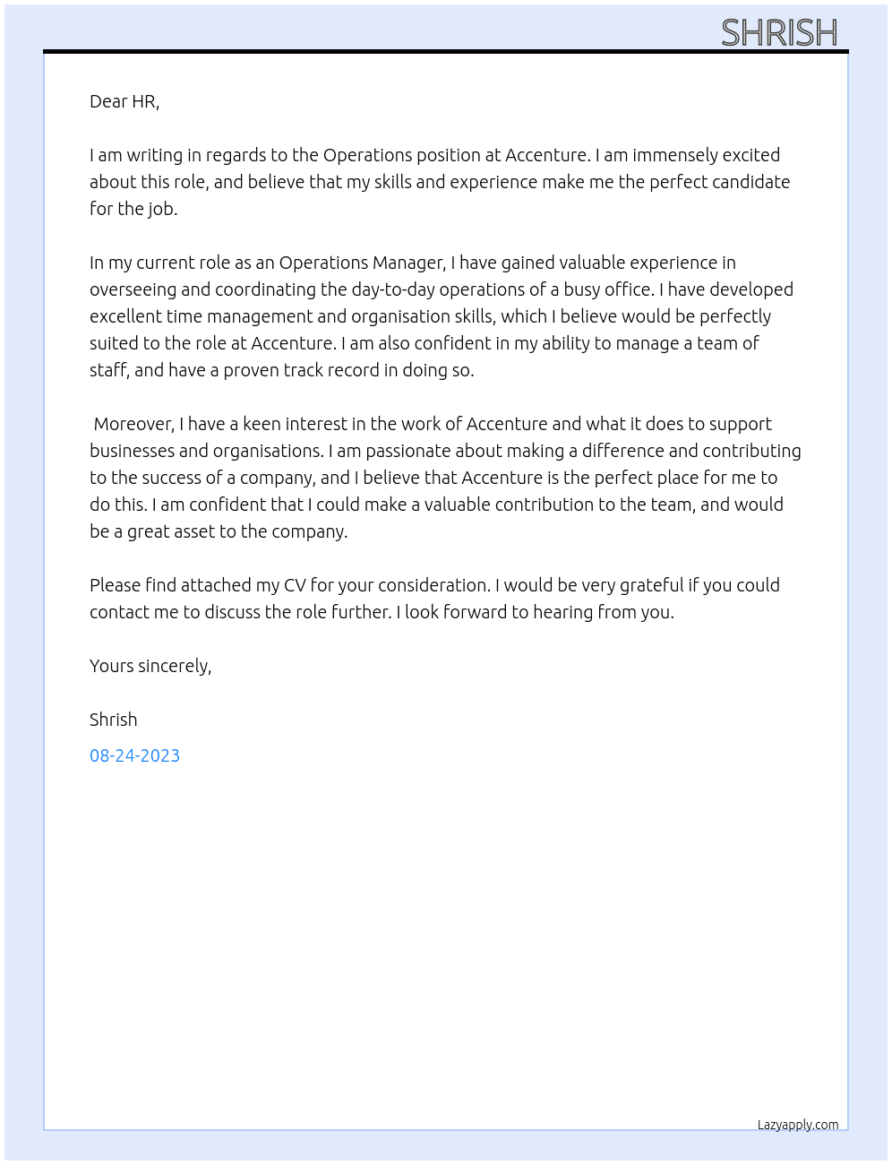 Operations  At Accenture  Cover Letter