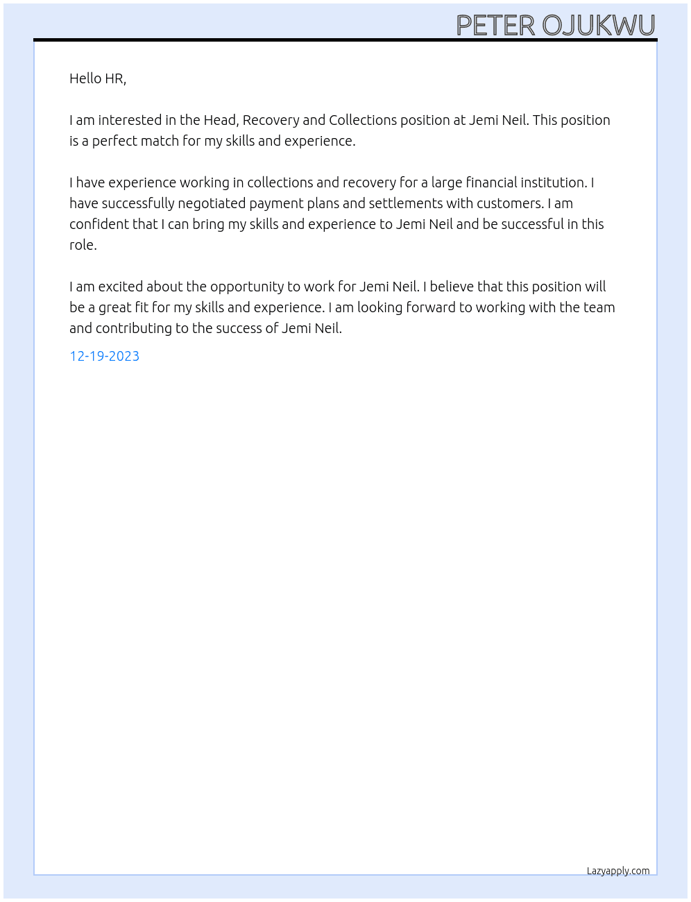 Head, Recovery and Collections At Jemi Neil Cover Letter