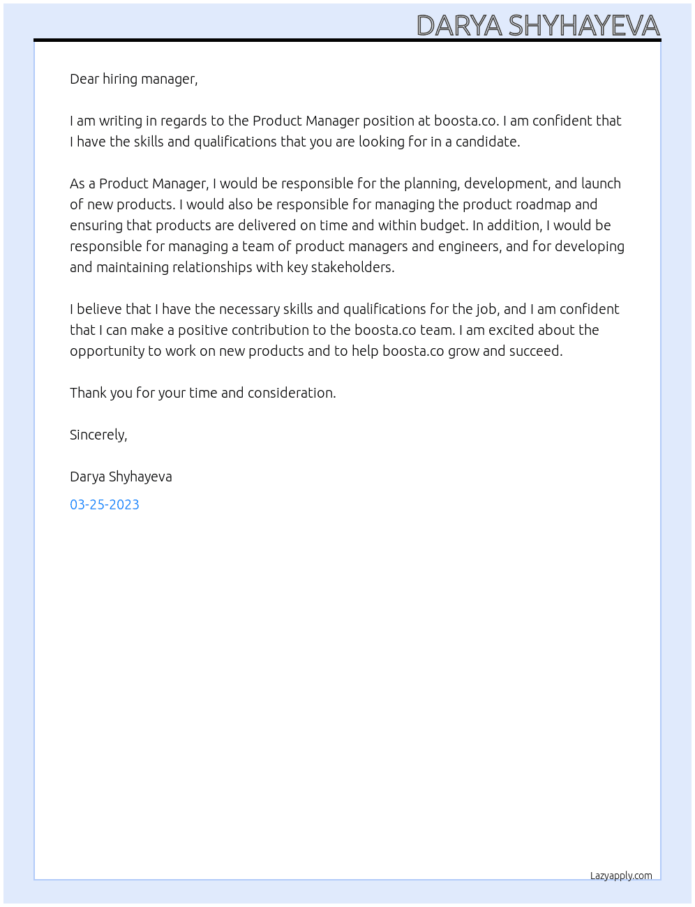 Product Manager At boosta.co Cover Letter