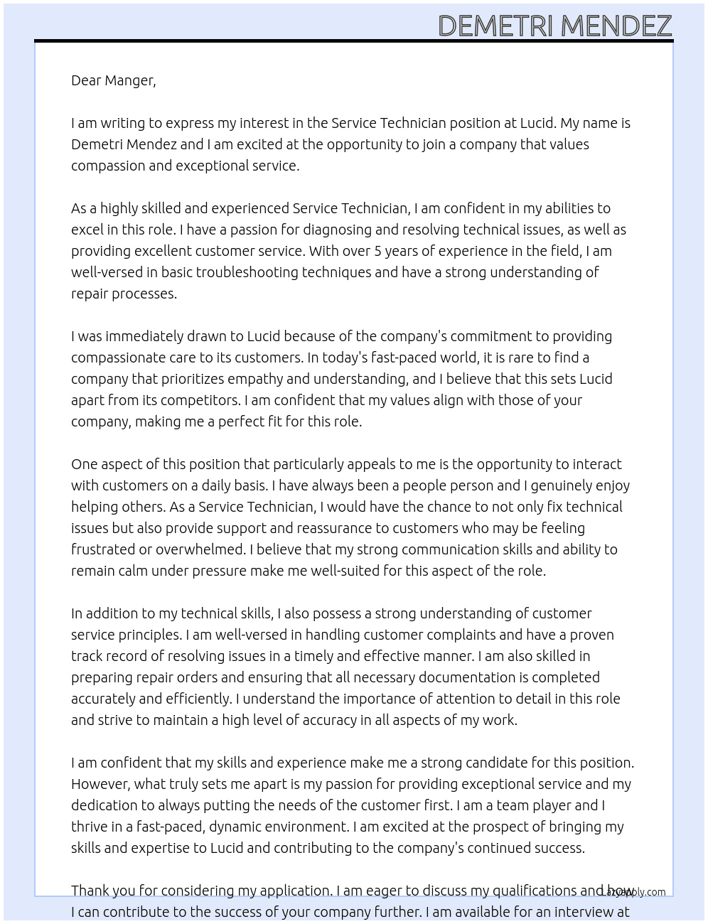 Service Technician  At Lucid  Cover Letter