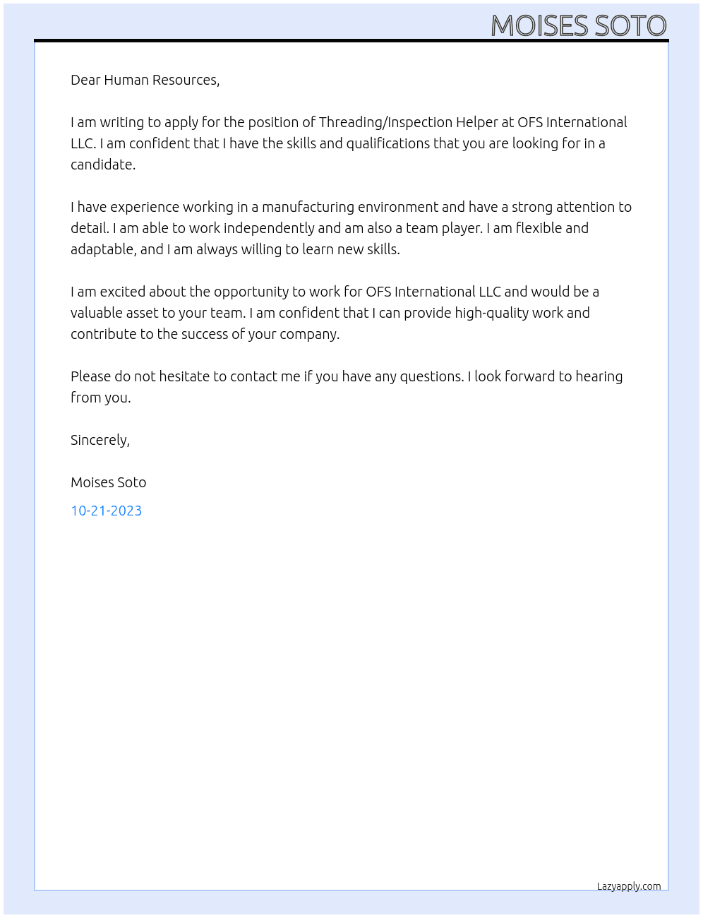 Threading/Inspection Helper At OFS International LLC Cover Letter
