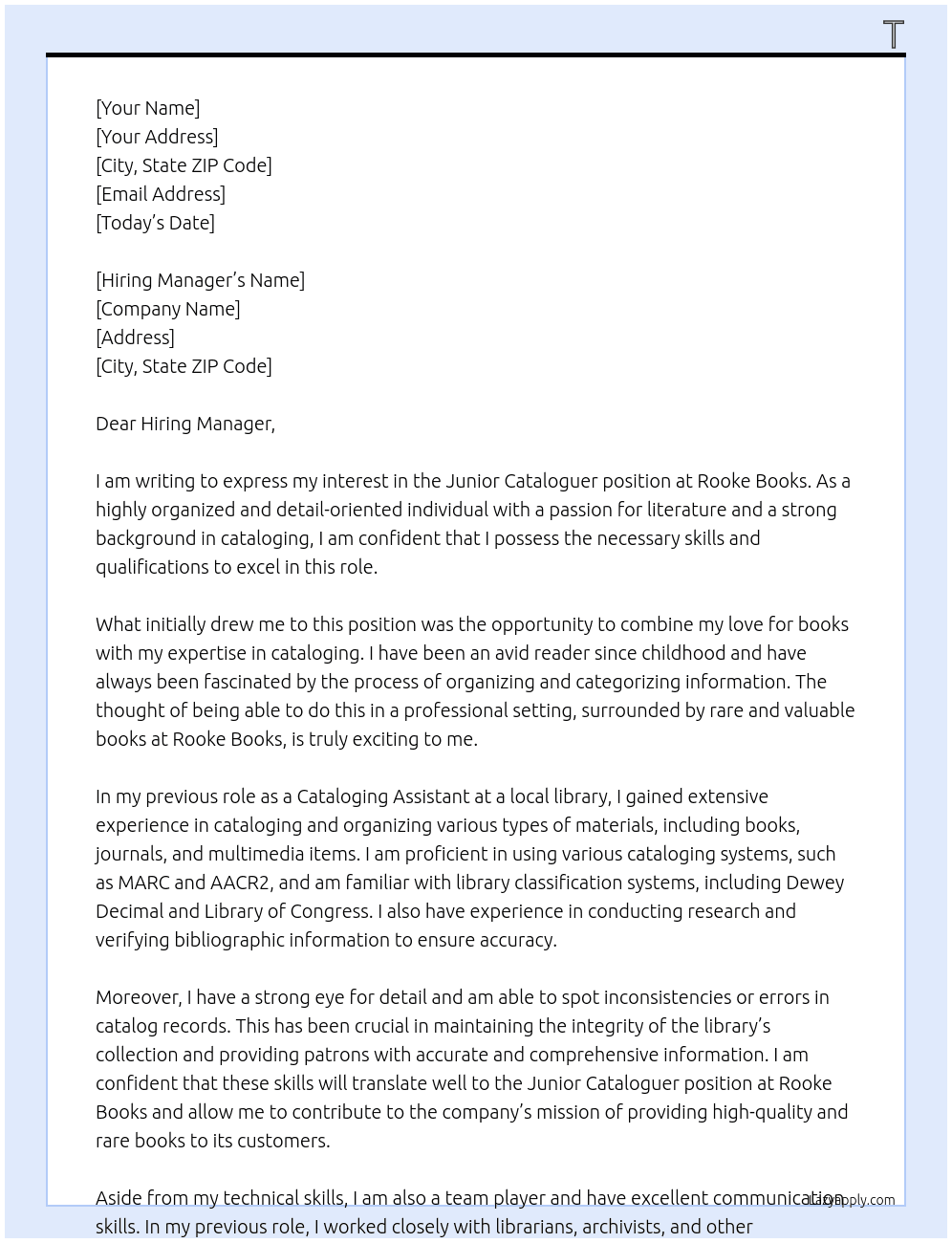 Junior Cataloguer At Rooke Books Cover Letter