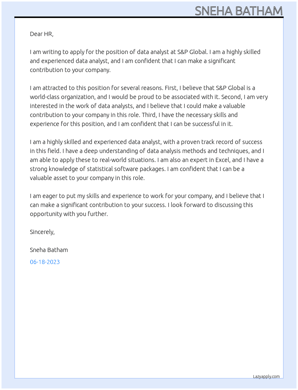data analyst At S&P Globle Cover Letter