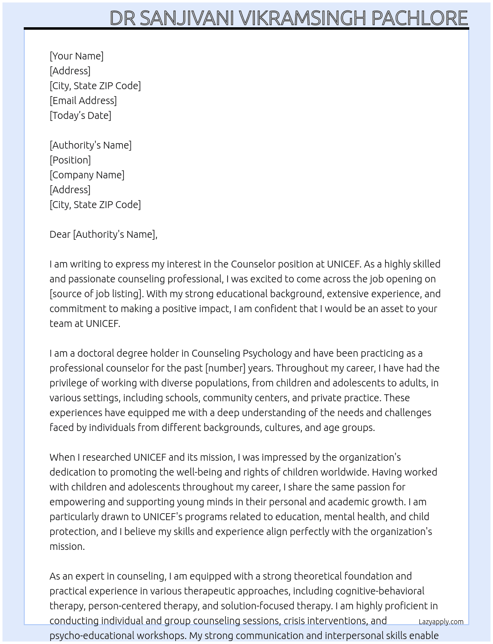 Counselor At UNICEF Cover Letter
