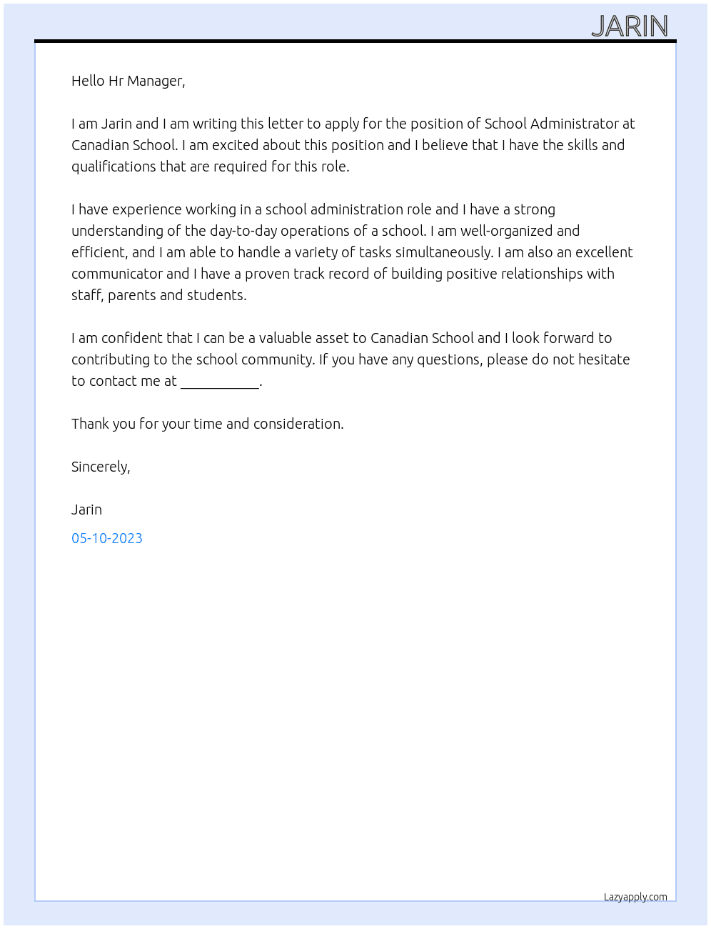 School Administrator  At Canadian School  Cover Letter