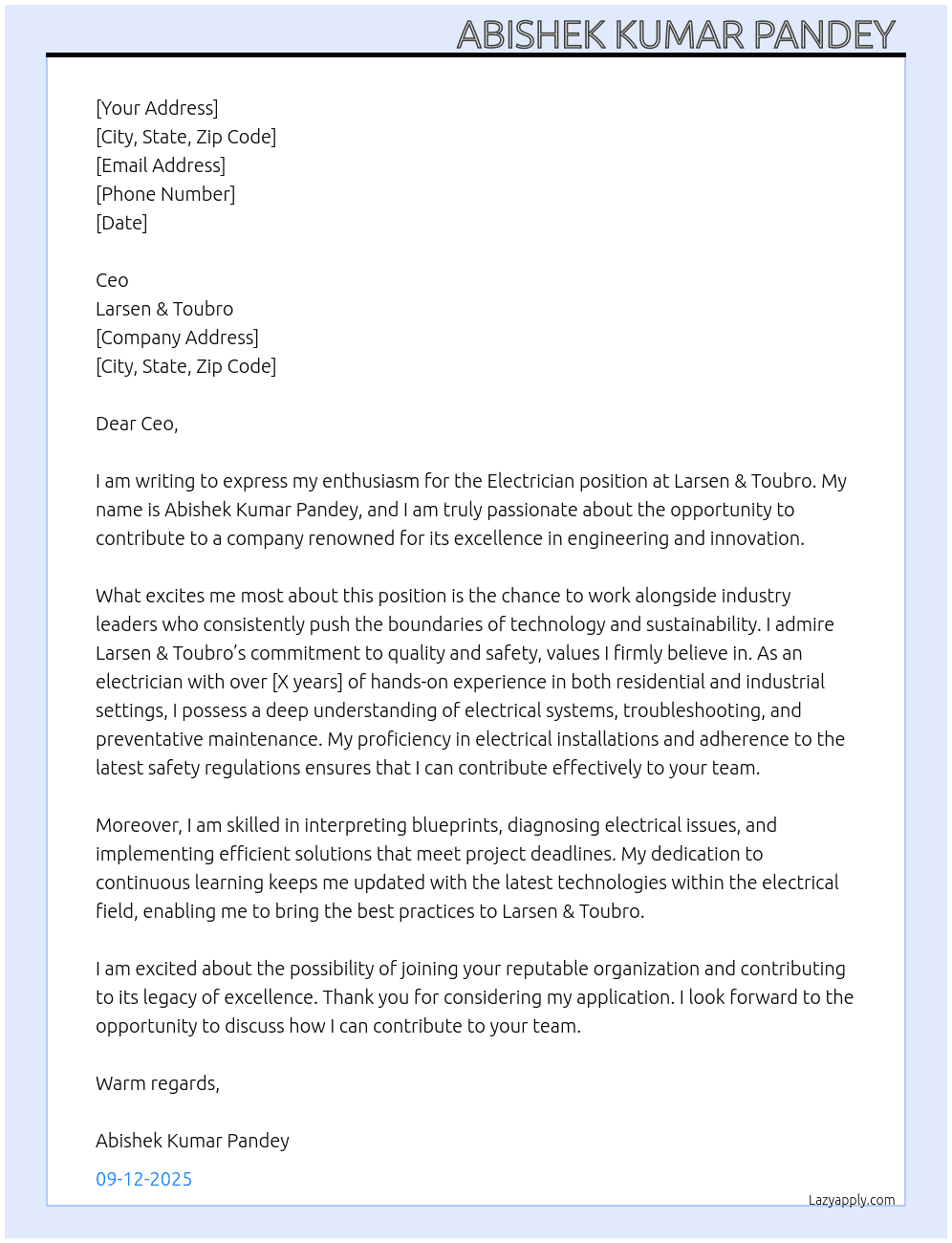 Electrician At Larsen & tourbro Cover Letter