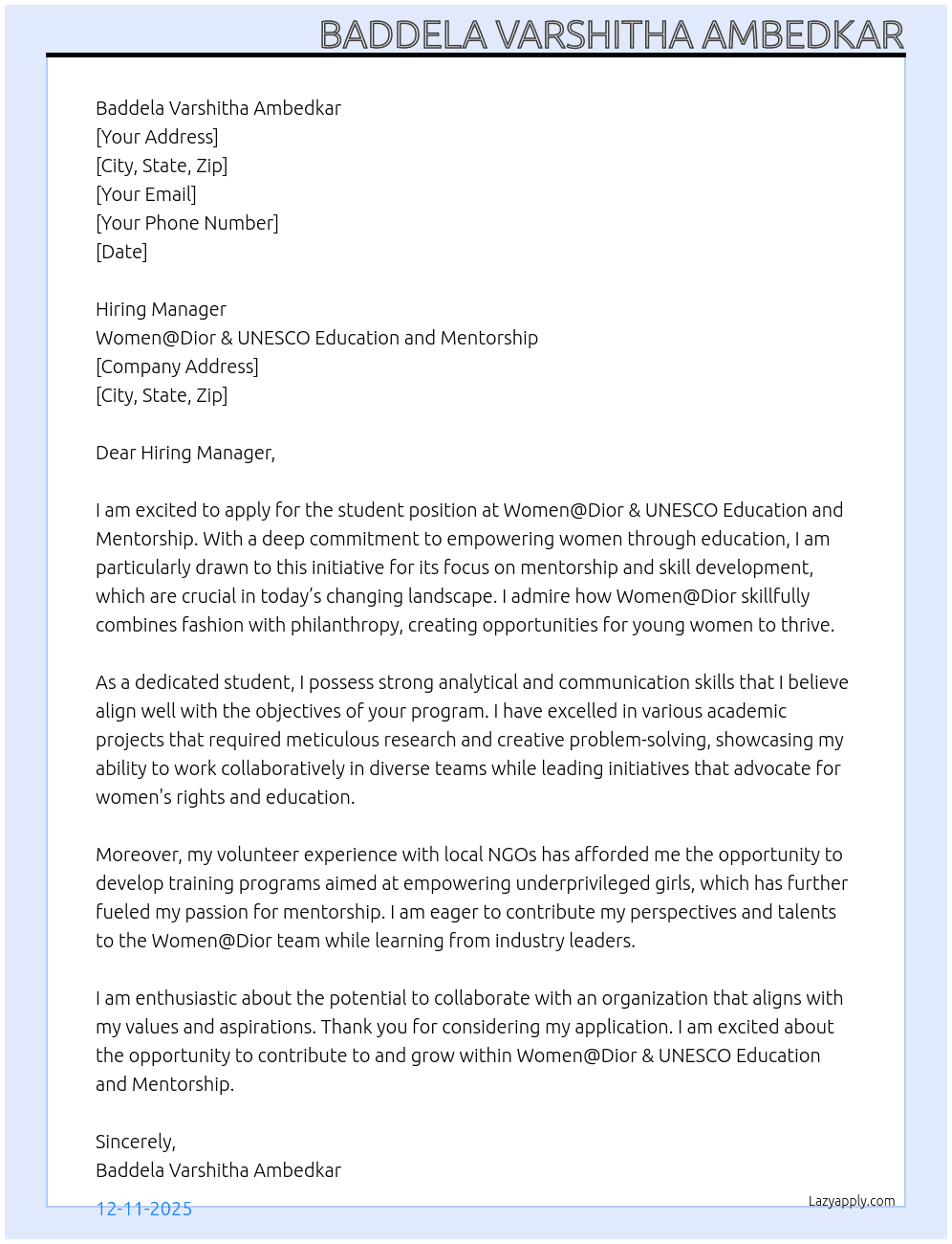 student At women@ Dior&UNESCO Education and Mentorship Cover Letter