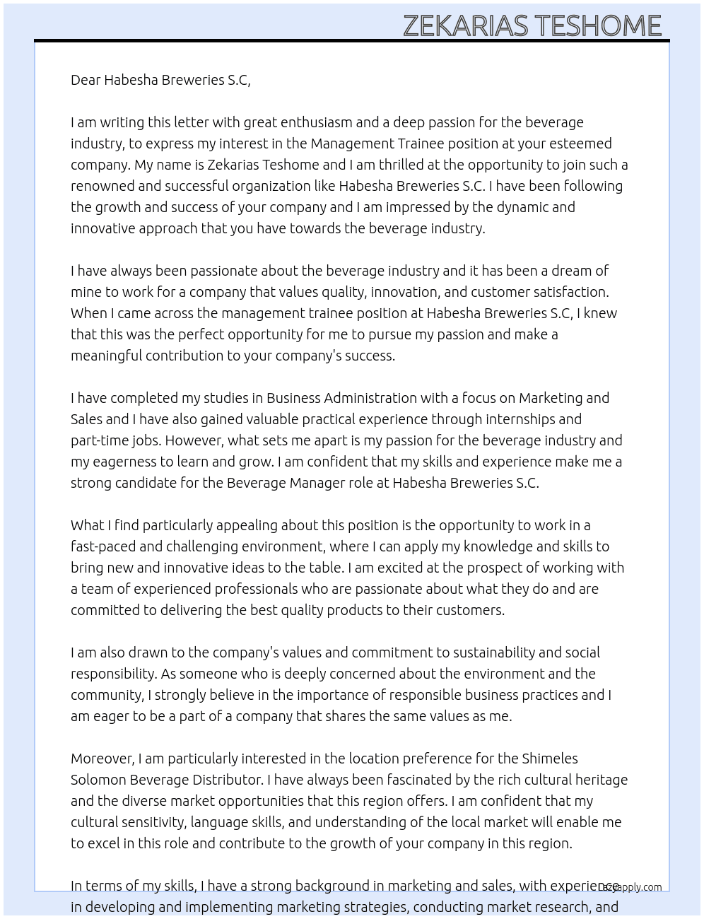 management train At habesha breweries s.c Cover Letter