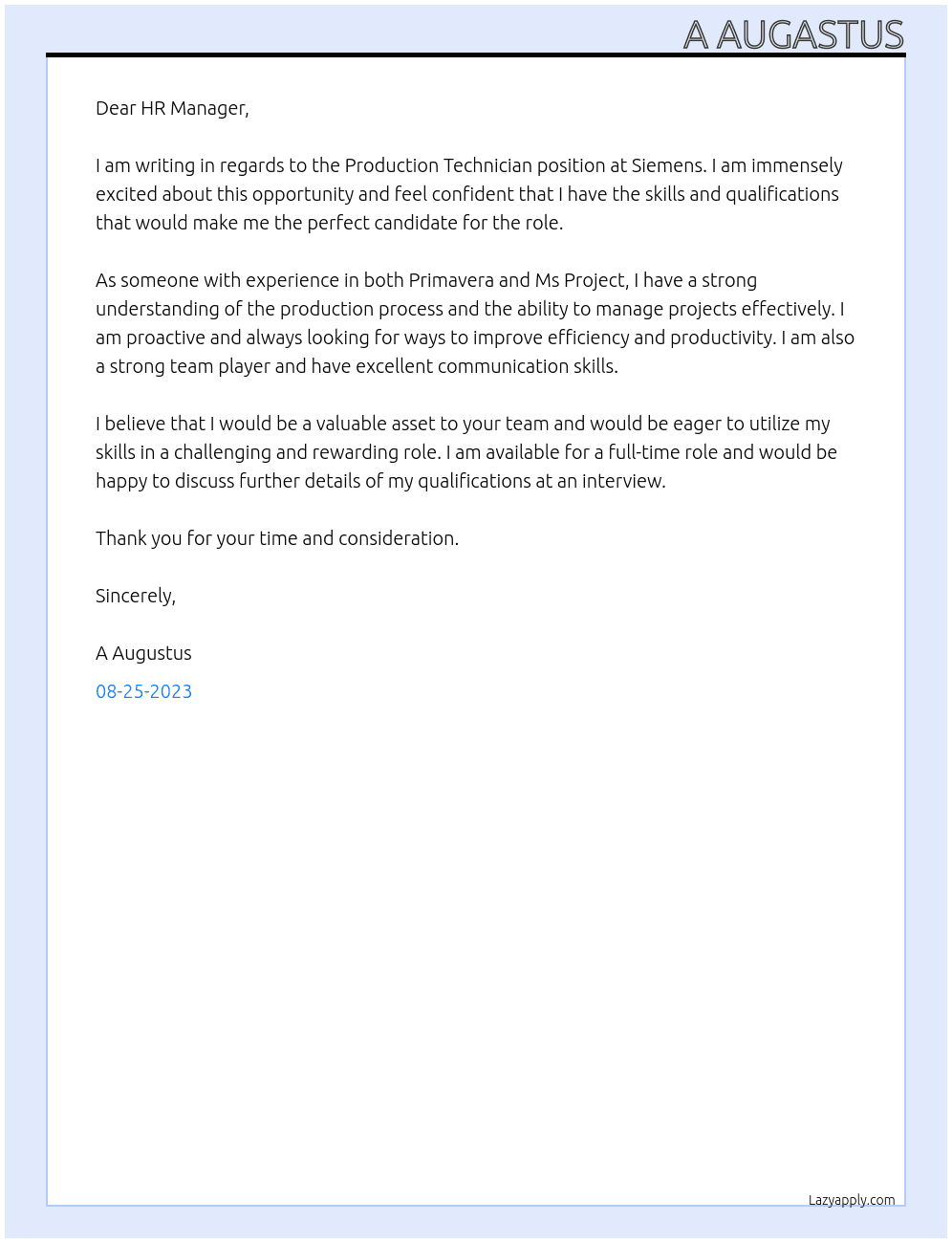 Production technician At Siemens Cover Letter