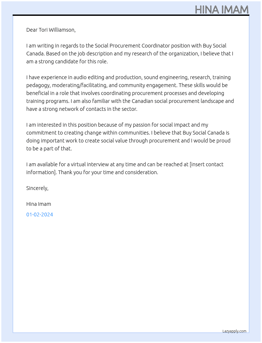 Social Procurement Coordinator At Buy Social Canada Cover Letter