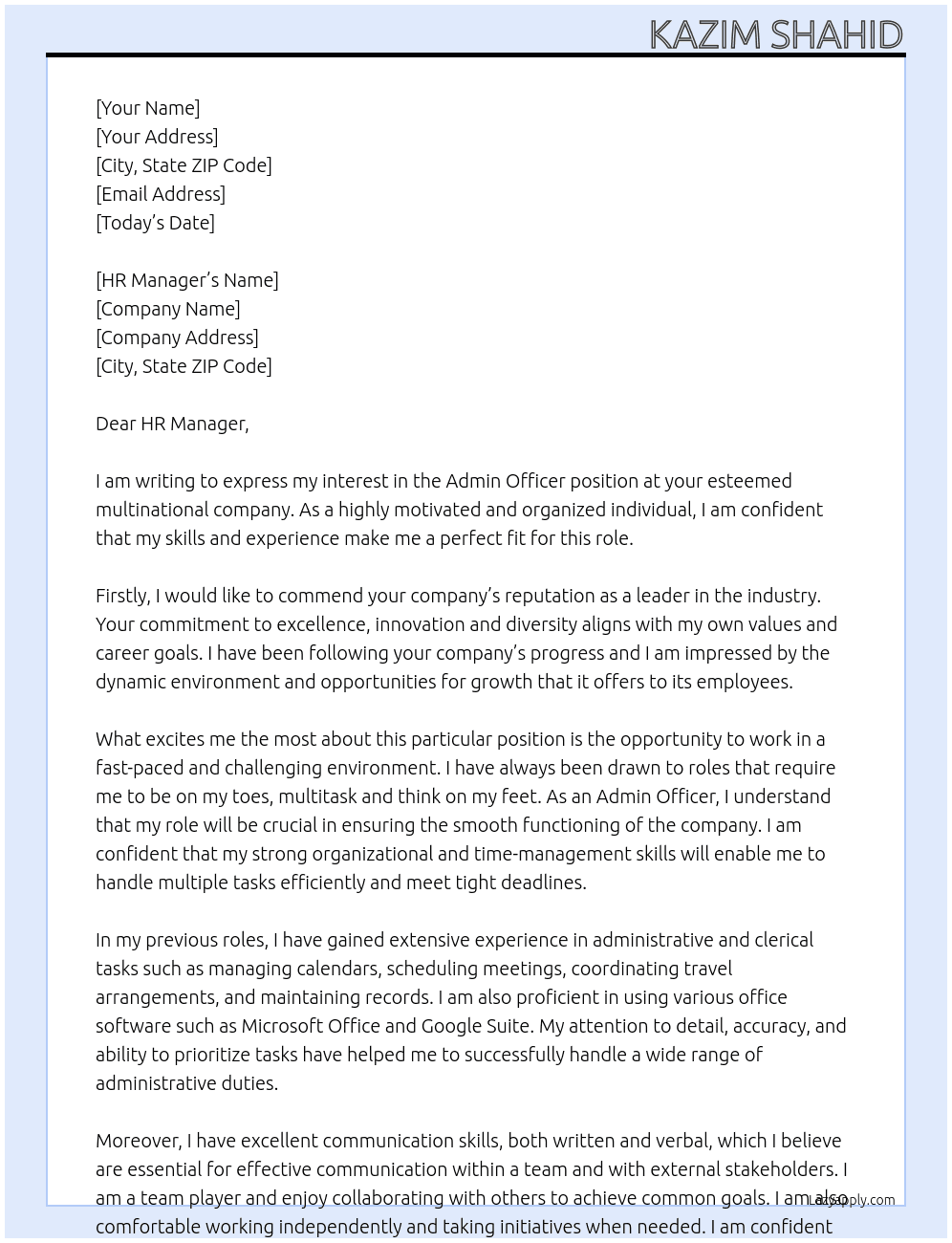 Admin Officer At Multinational company Cover Letter