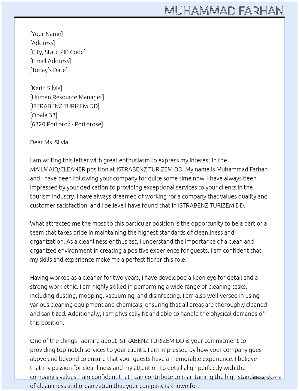 Cover letter for mailmaid / cleaner - m/f - LazyApply