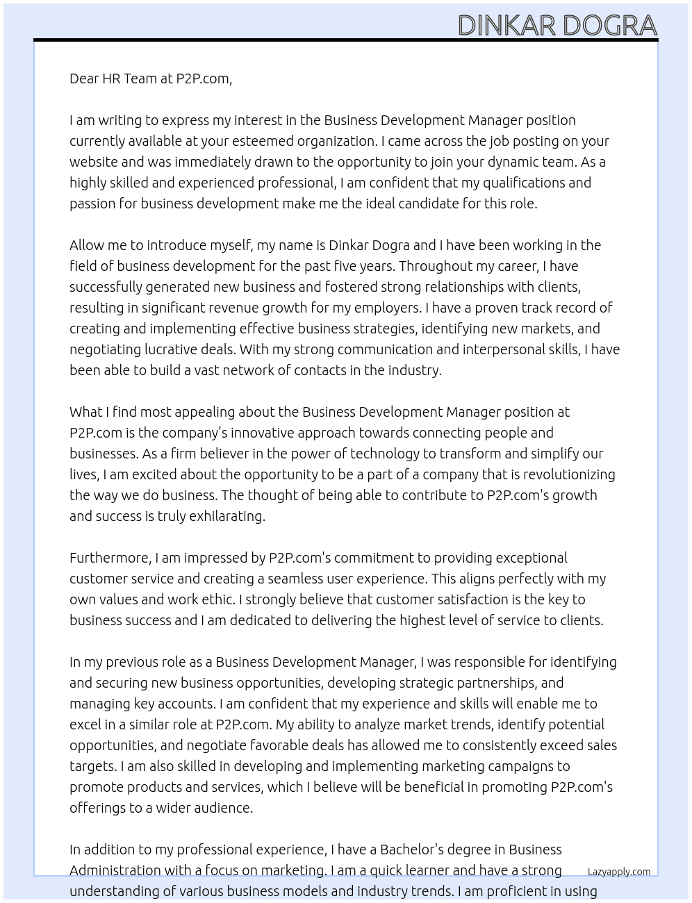 Business Development Manager At P2P.com Cover Letter