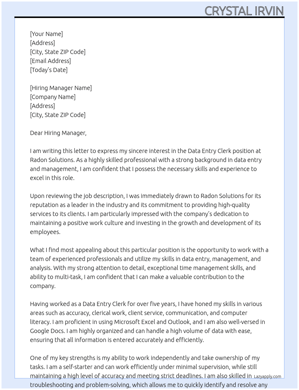 Data Entry Clerk At Radon Solutions Cover Letter