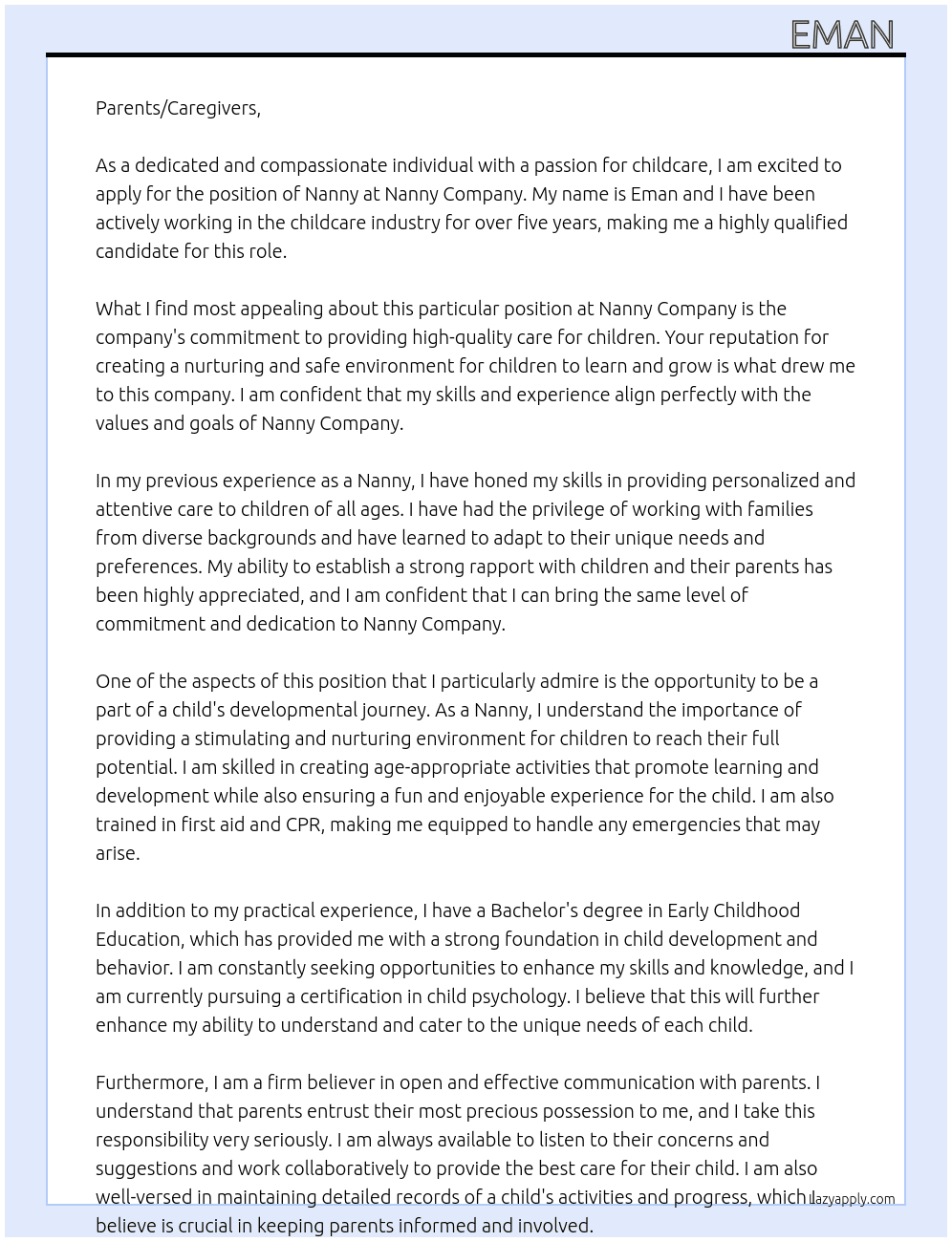 Nanny  At Nanny  Cover Letter