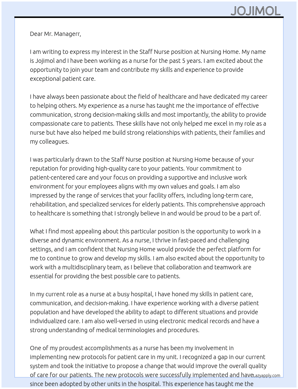Staff nurse  At Nursing home Cover Letter
