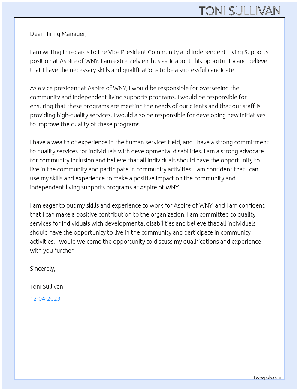 Vice President Community and Independent Living Supports At Aspire of WNY Cover Letter