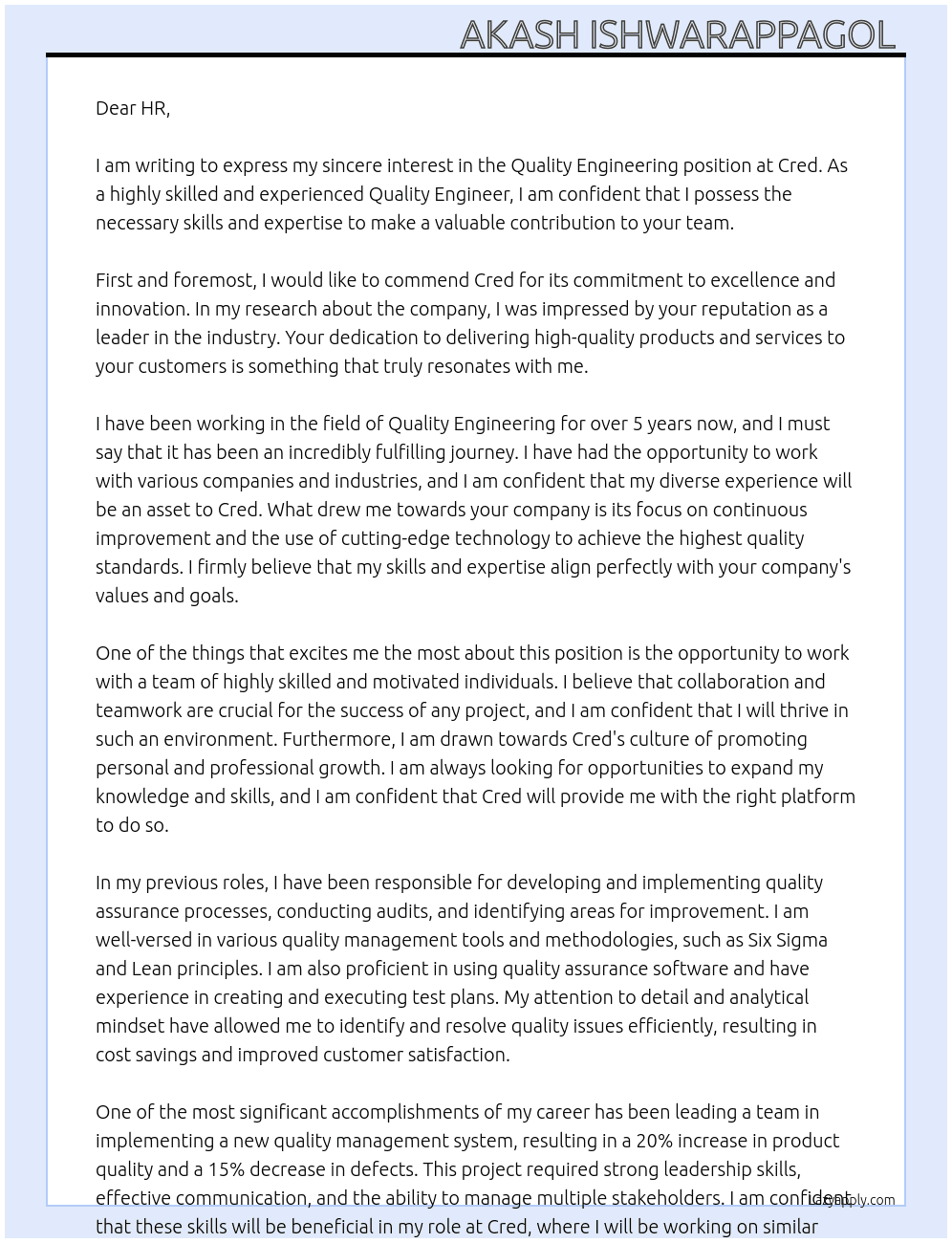 Quality engineering  At Cred Cover Letter