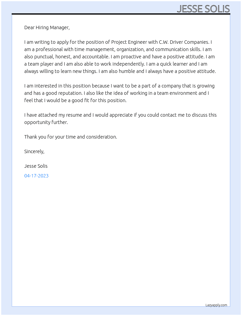 Project Engineer  At  C.W. Driver Companies  Cover Letter