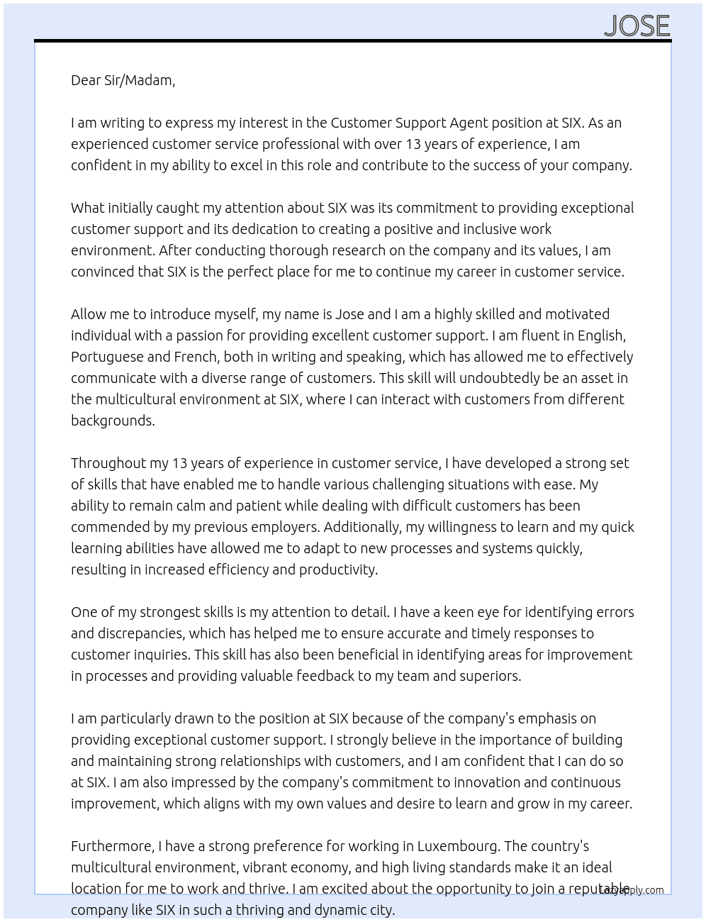 Customer Support Agent At SIX Cover Letter