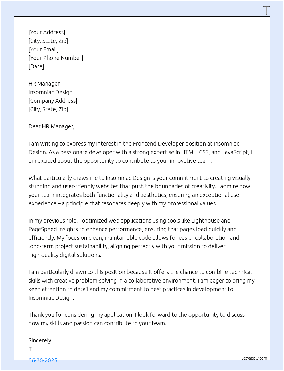 Frontend Developer At Insomniac Design Cover Letter