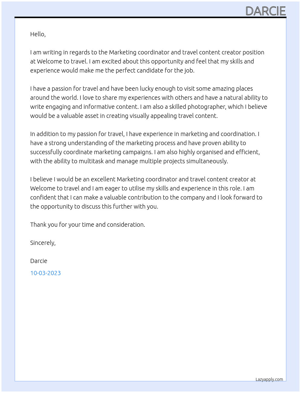 Marketing coordinator and travel content creator At Welcome to travel Cover Letter