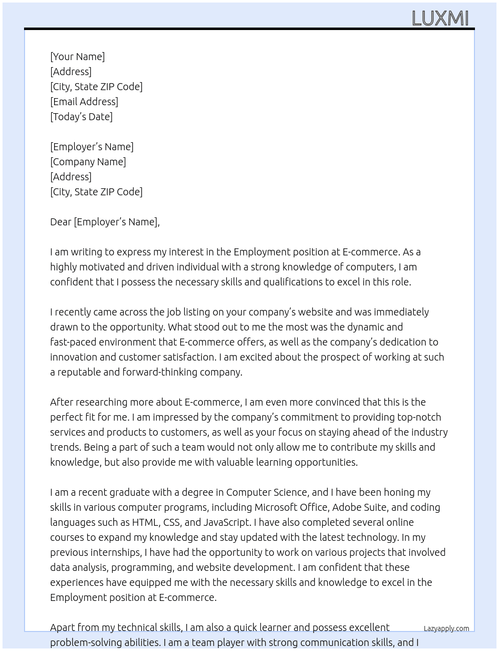 Employment  At E-commerce  Cover Letter