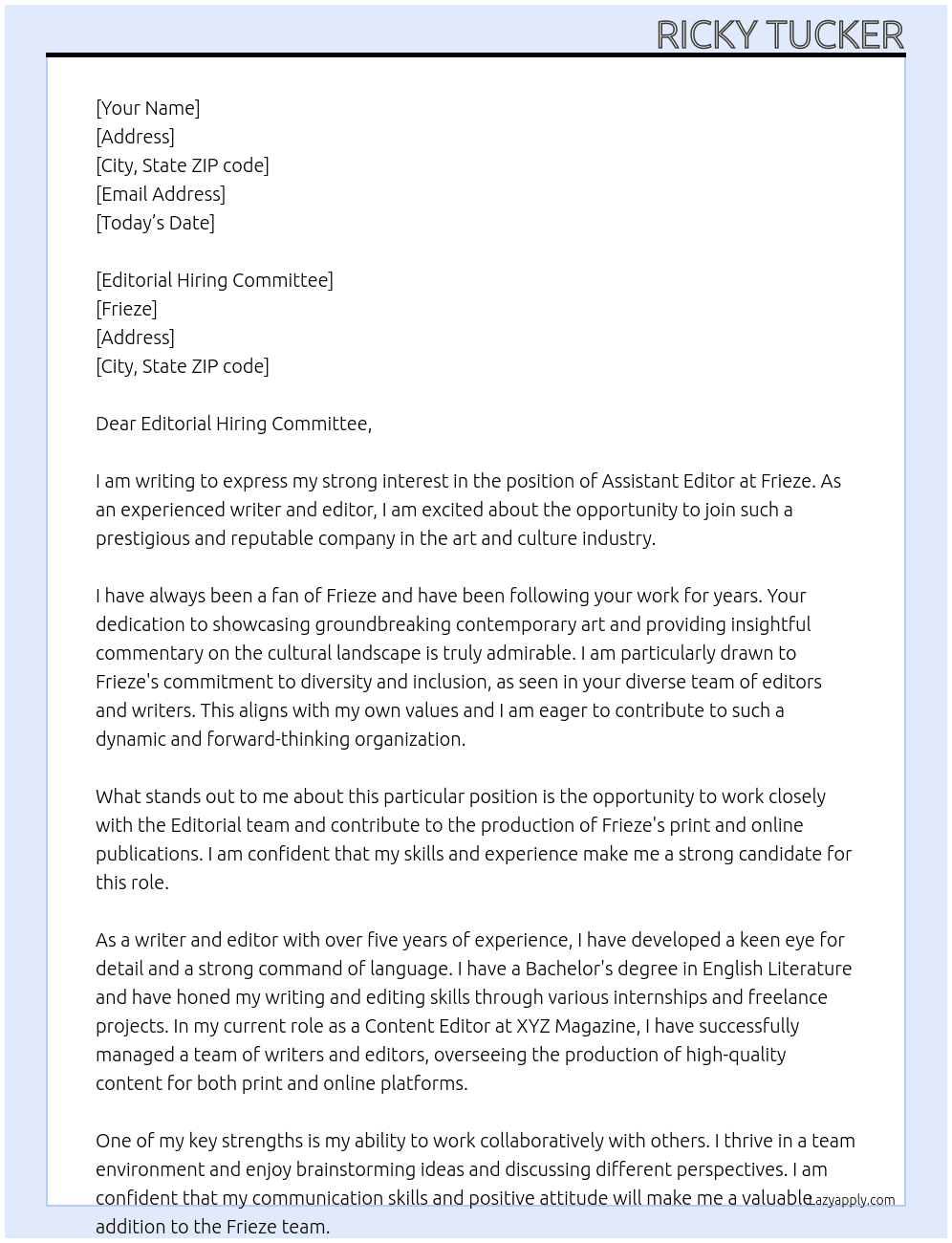 Assistant Editor At Frieze Cover Letter
