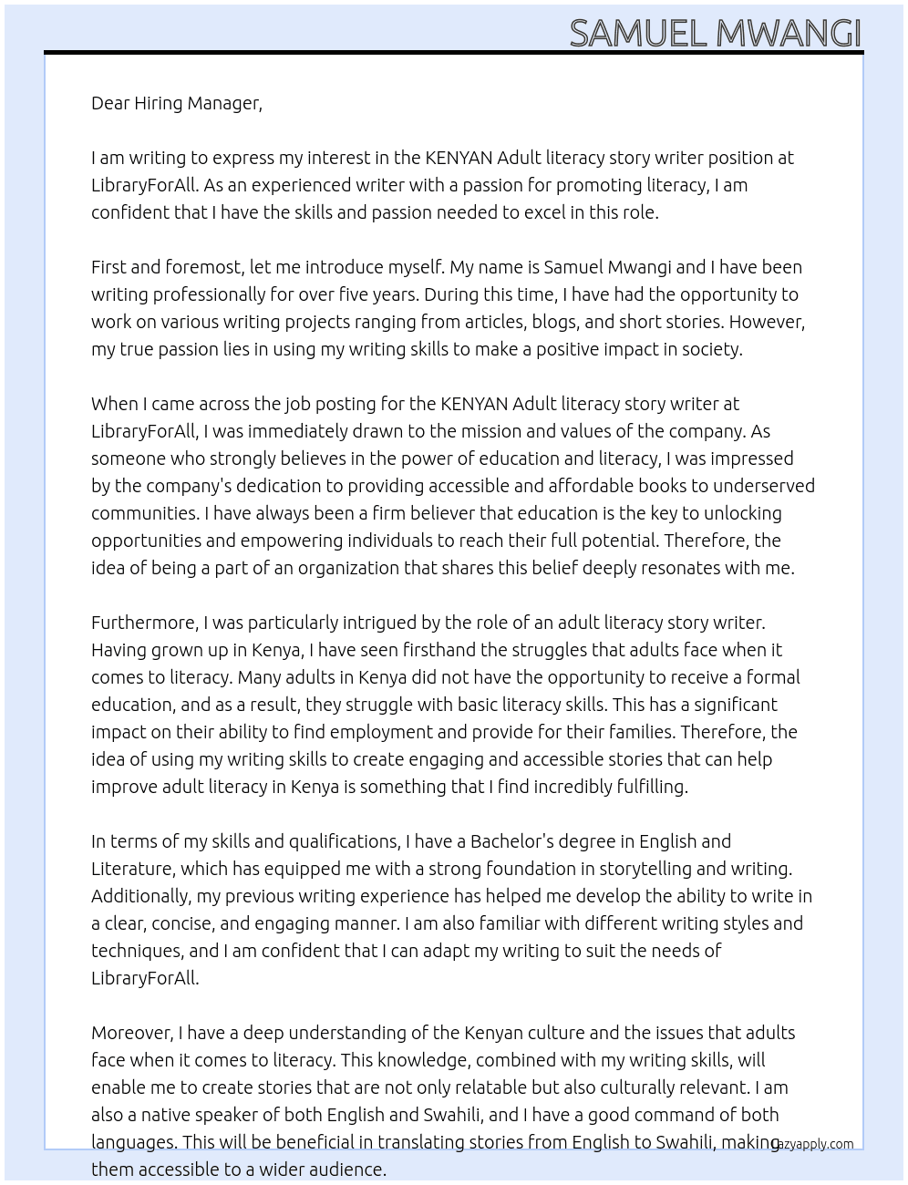 KENYAN Adult literacy story writer  At libraryforall Cover Letter