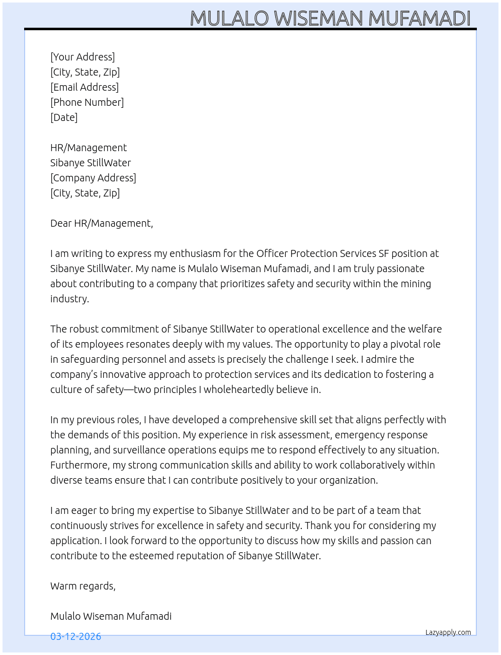Cover letter for officer protection services sf - LazyApply
