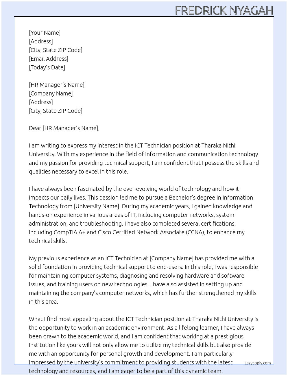ict technian At tharaka nithi university Cover Letter