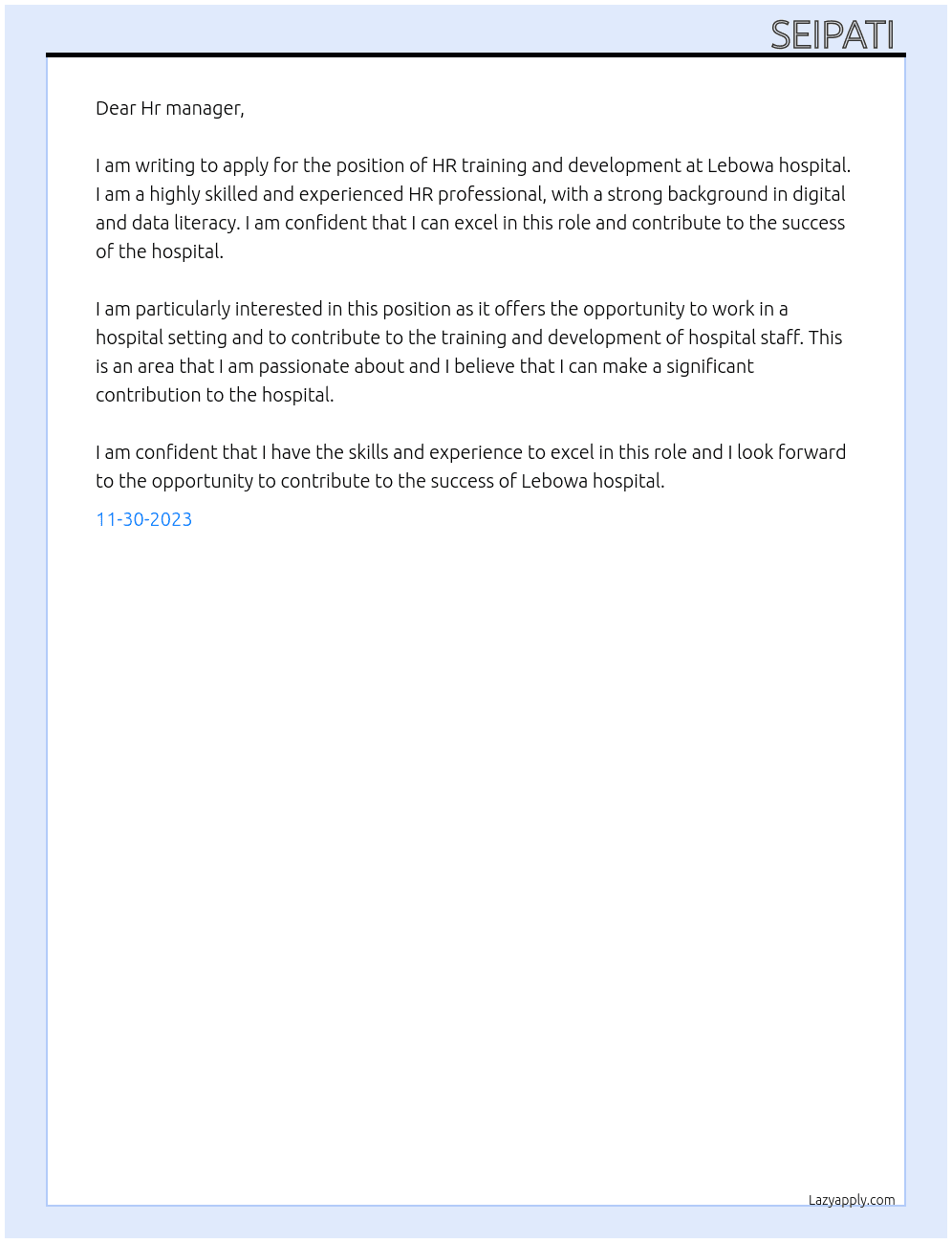 HR training and development  At Lebowa hospital Cover Letter