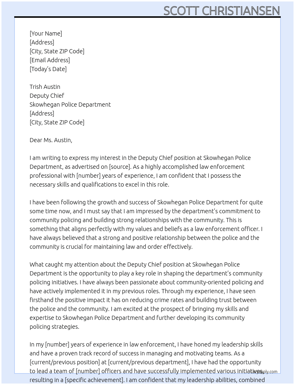 Deputy Chief At Skowhegan Police Department Cover Letter