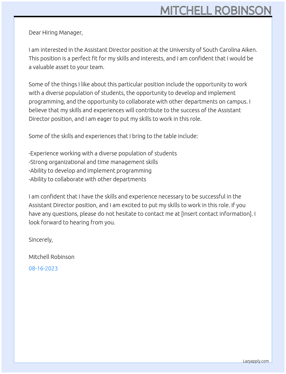 Assistant Director At University of South Carolina Aiken Cover Letter