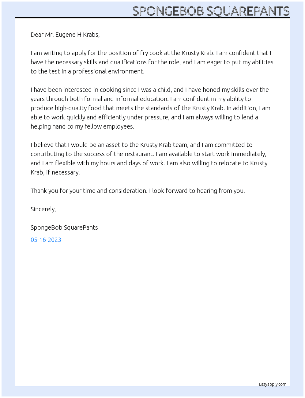 Fry cook At Krusty krab Cover Letter