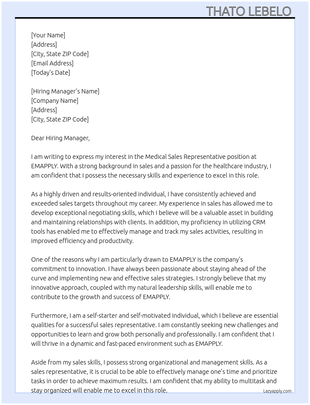 Medical Sales Representative At EMAPPLY Cover Letter