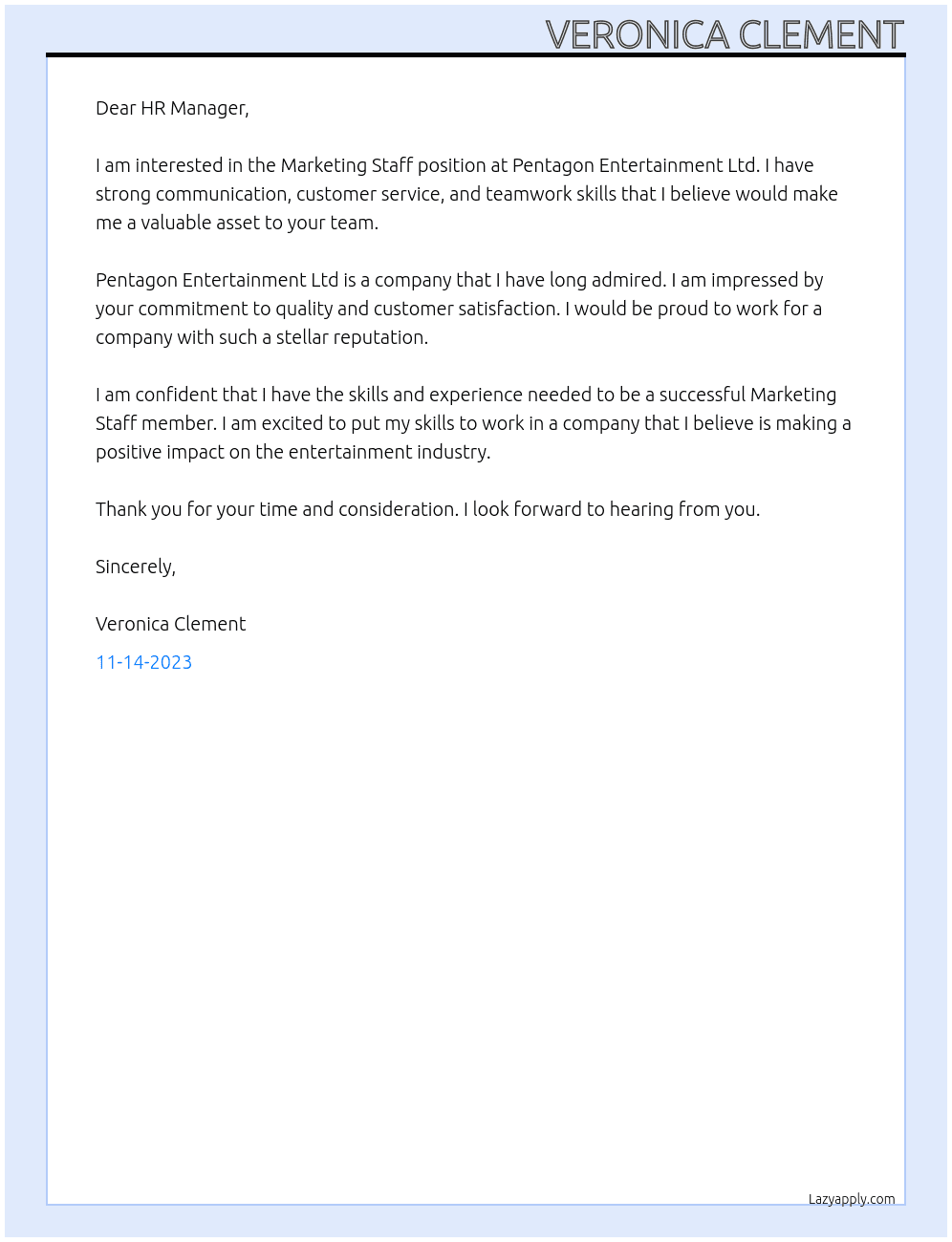 Marketing Staff At Pentagon Entertainment Ltd Cover Letter