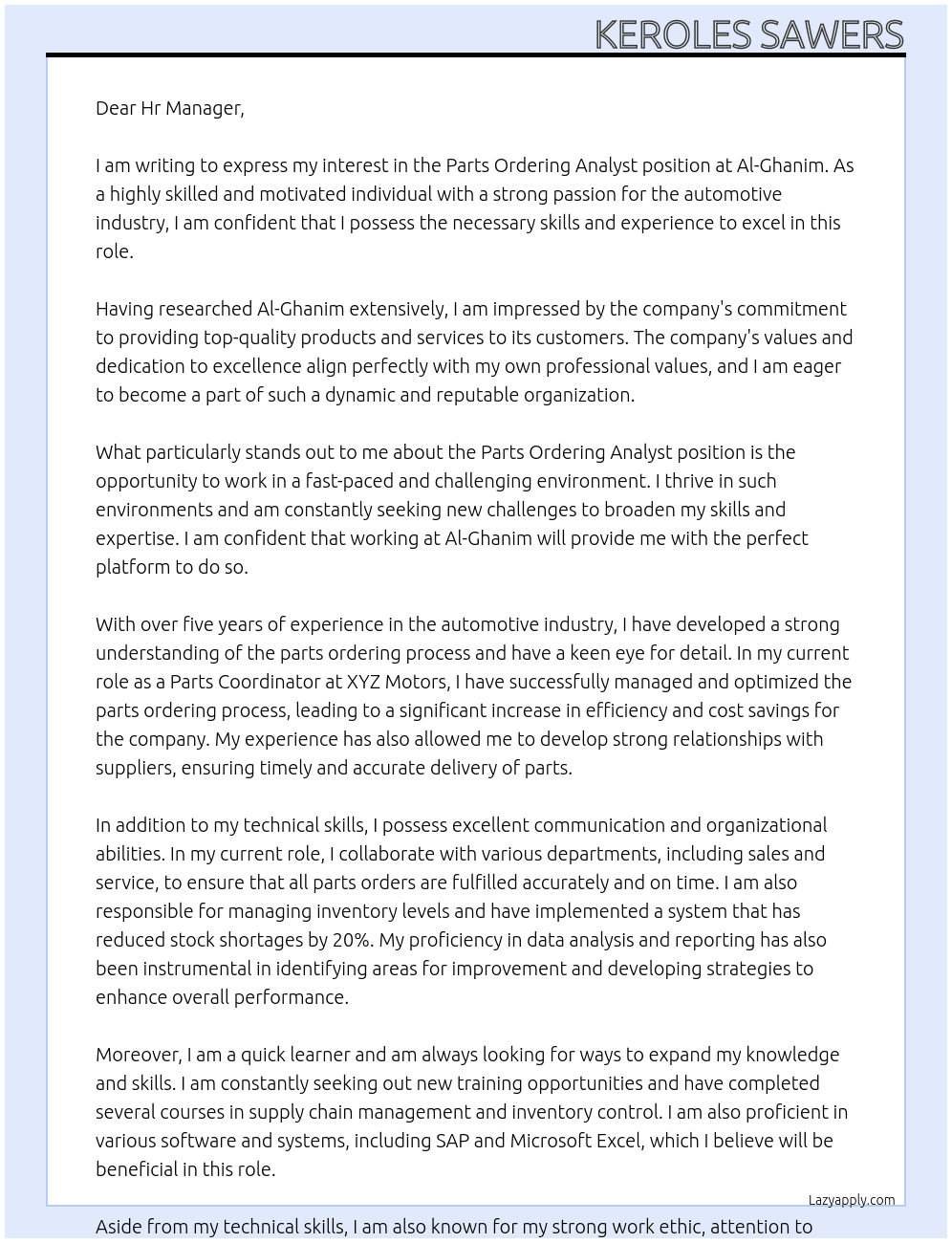 Parts Ordering Analyst At Al-Ghanim Cover Letter