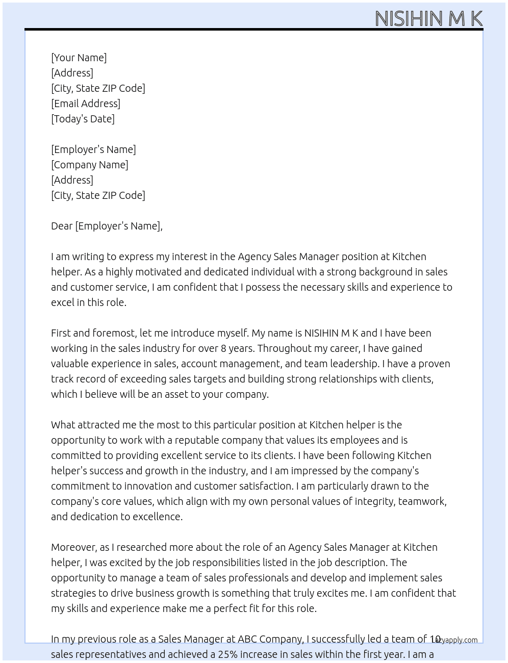 Agency Sales Manager At Kitchen helper Cover Letter