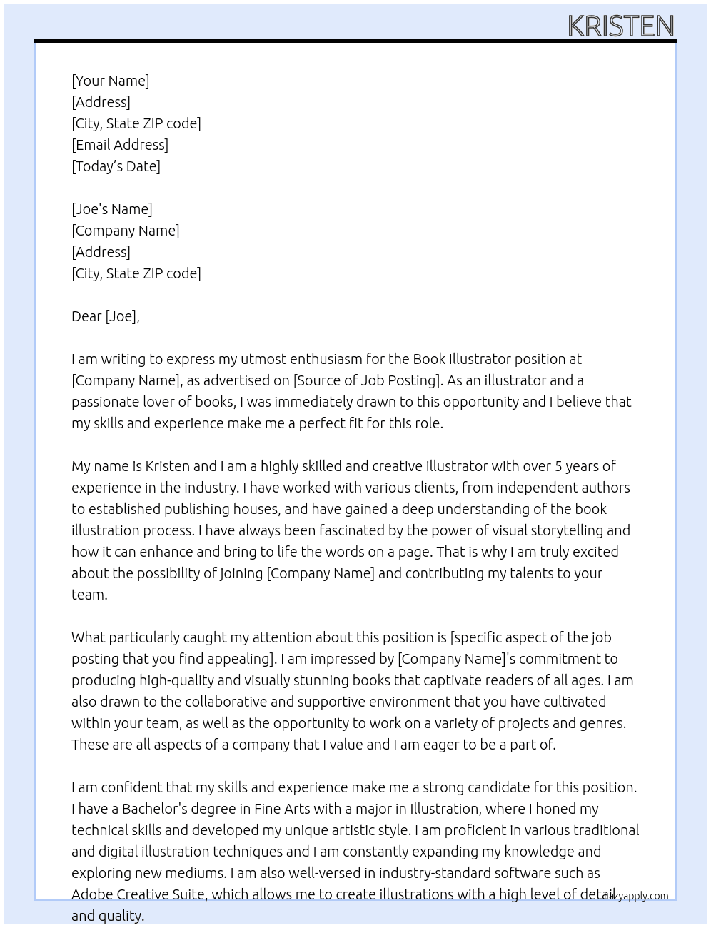 Book illustrator At Joe Cover Letter