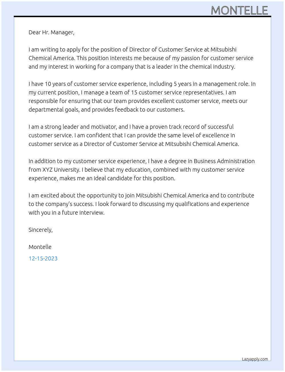 Director of Customer Service  At Mitsubishi Chemical America  Cover Letter