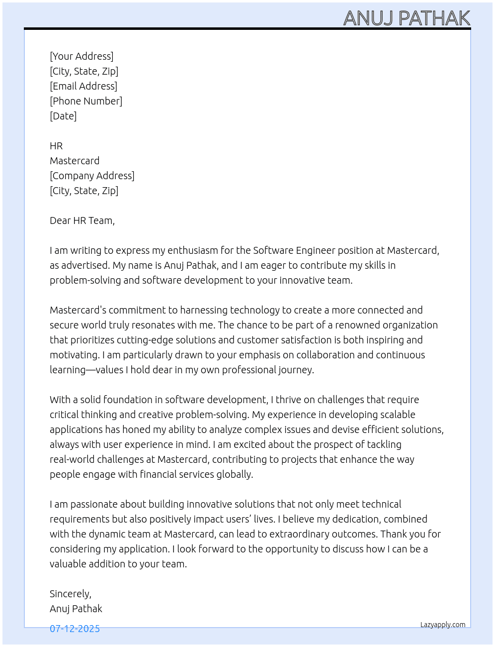 Software Engineer At Mastercard Cover Letter