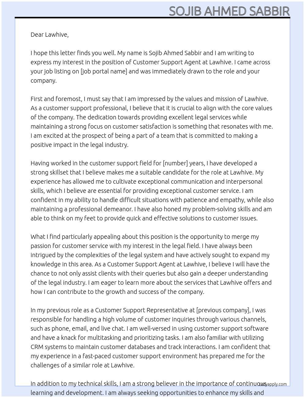 Customer Support Agent  At Lawhive  Cover Letter