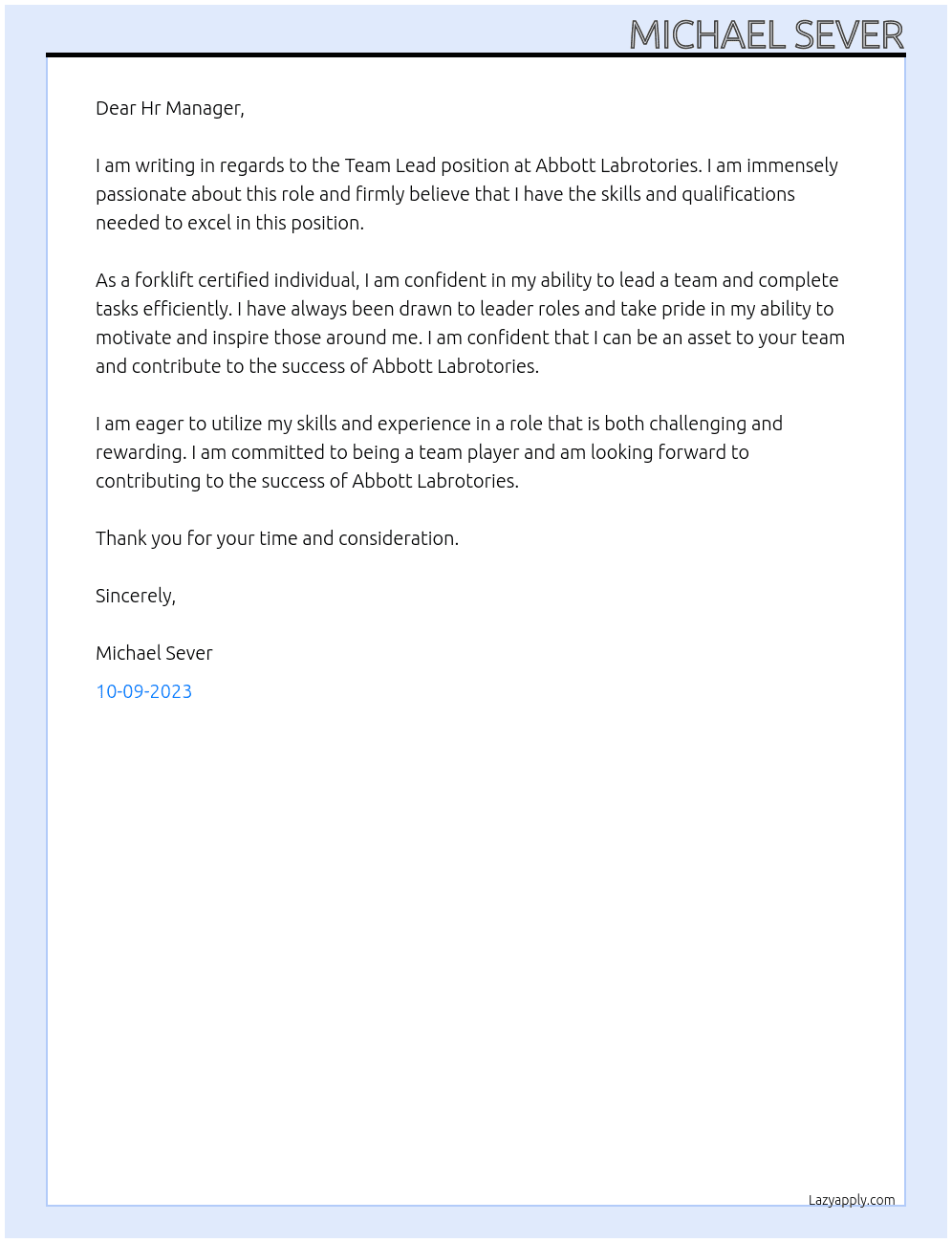 Team Lead At Abbott Labrotories Cover Letter