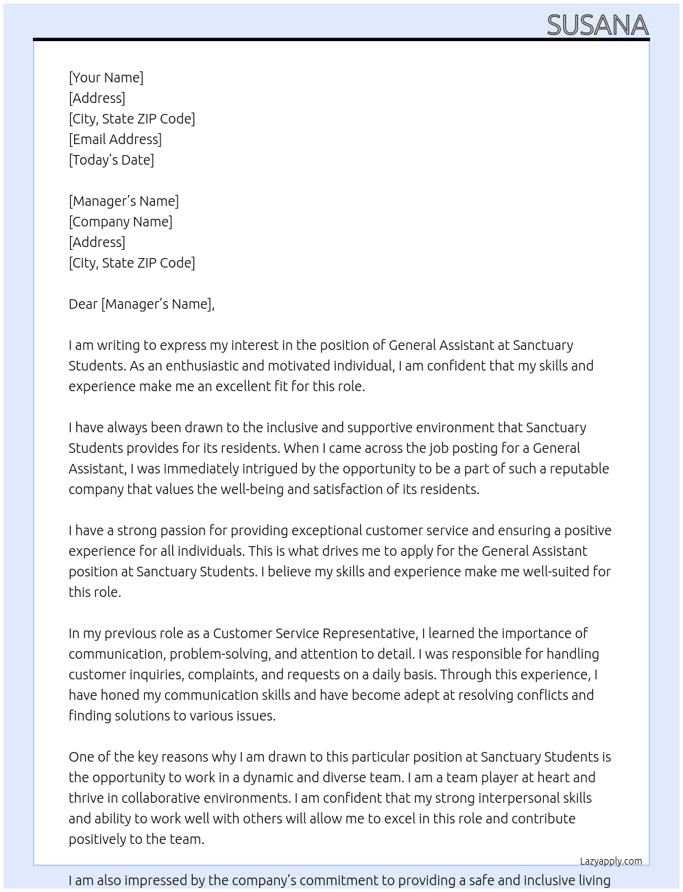 General Assistant At Sanctuary Students Cover Letter