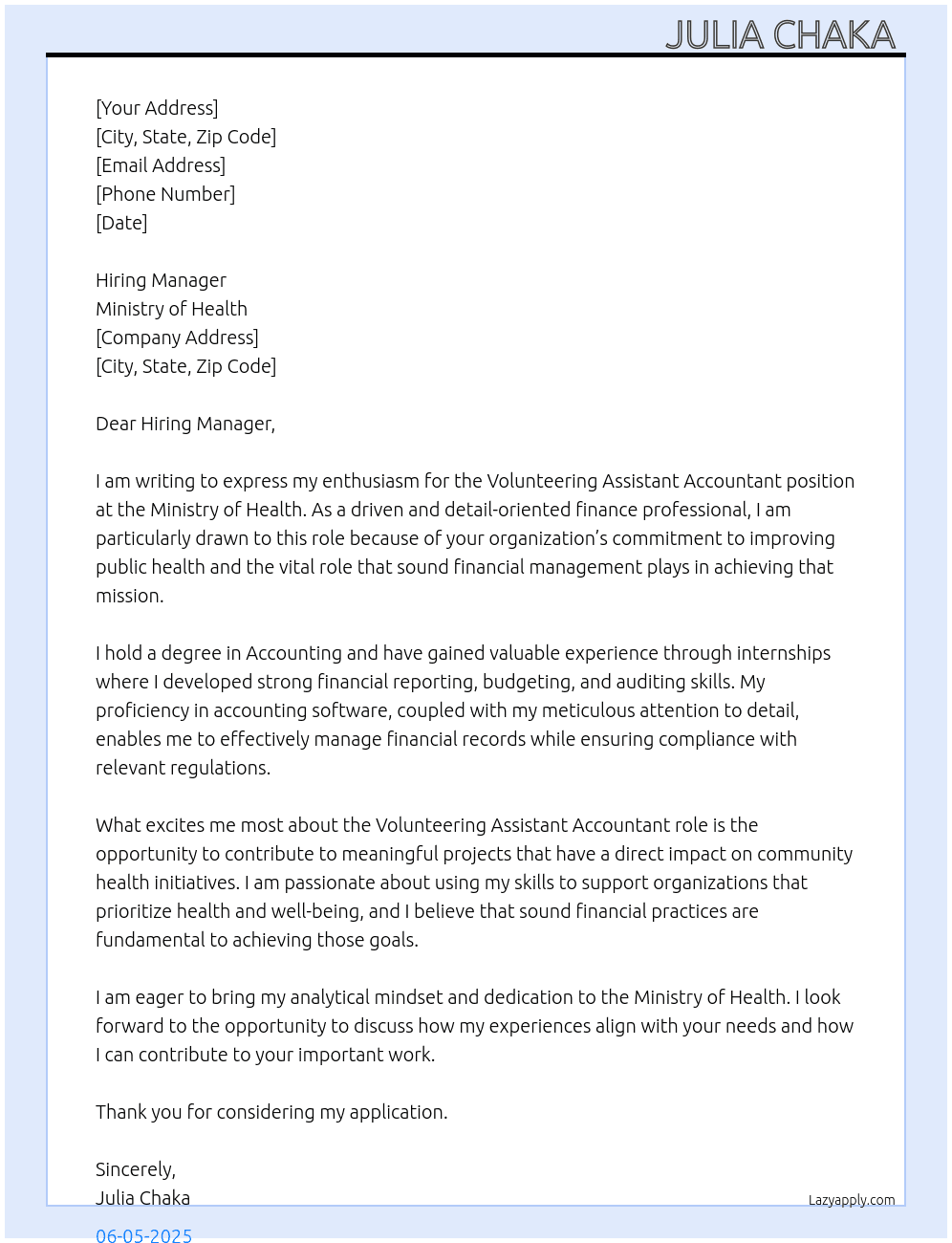 Cover letter for volunteering assistant accountant - LazyApply