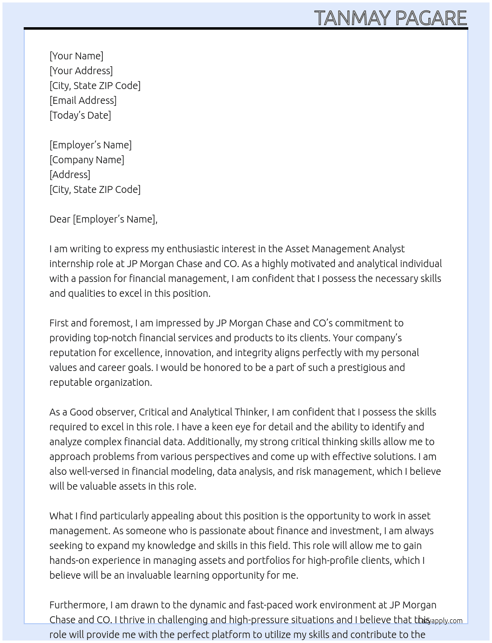 Aseet management Analyst  At JP Morgan Chase and CO Cover Letter